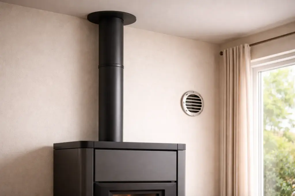 Pellet stove flue pipe and external air vent installed correctly.