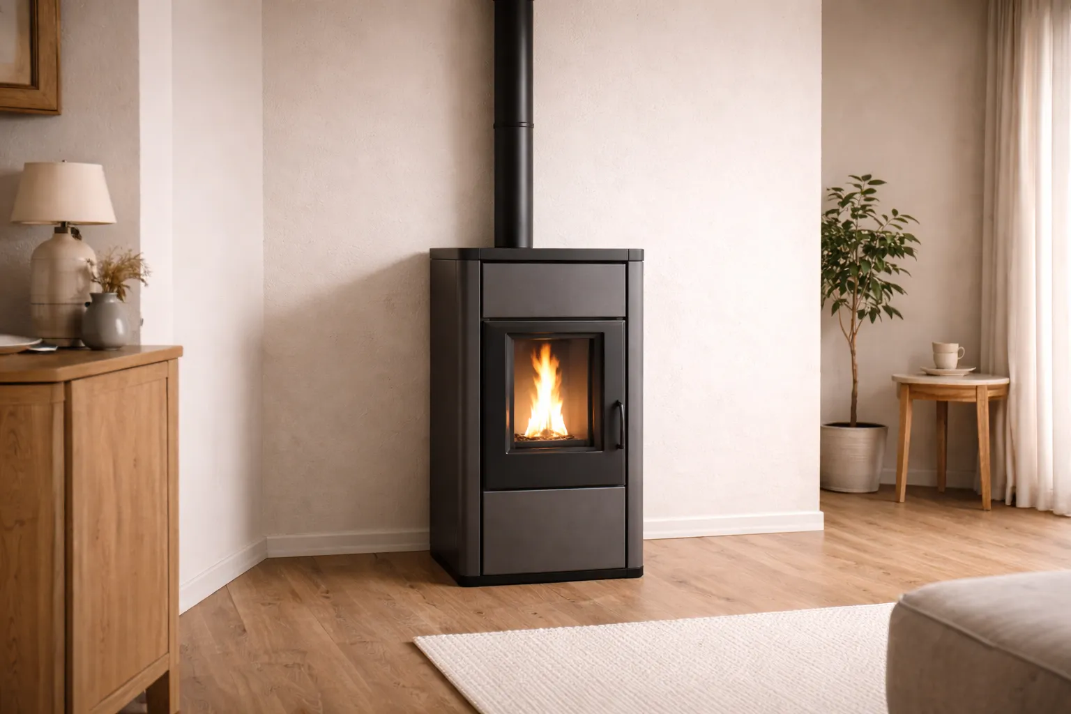 Modern pellet stove installed in a home with a vertical flue and steady flame.