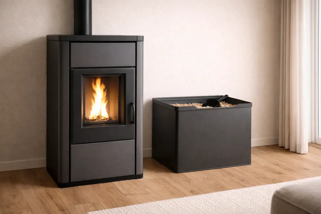 Pellet stove with purpose-designed pellet storage container beside it.