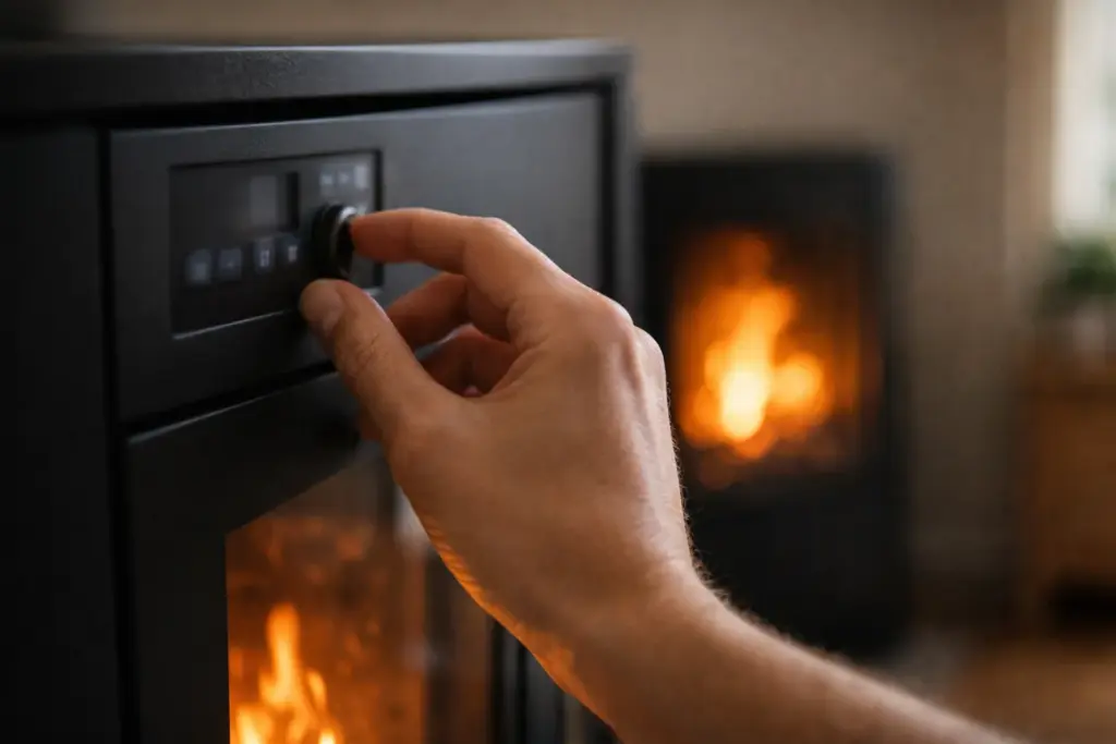 Hand adjusting a pellet stove control dial, reflecting how settings influence electricity use and running costs.