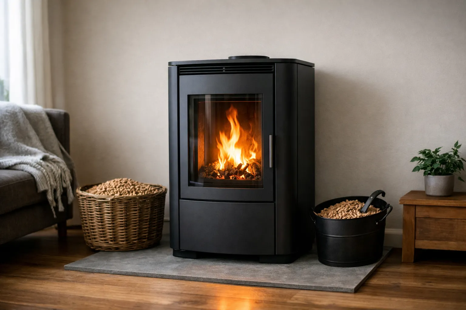 Modern pellet stove with visible flame, illustrating typical running costs for home heating.