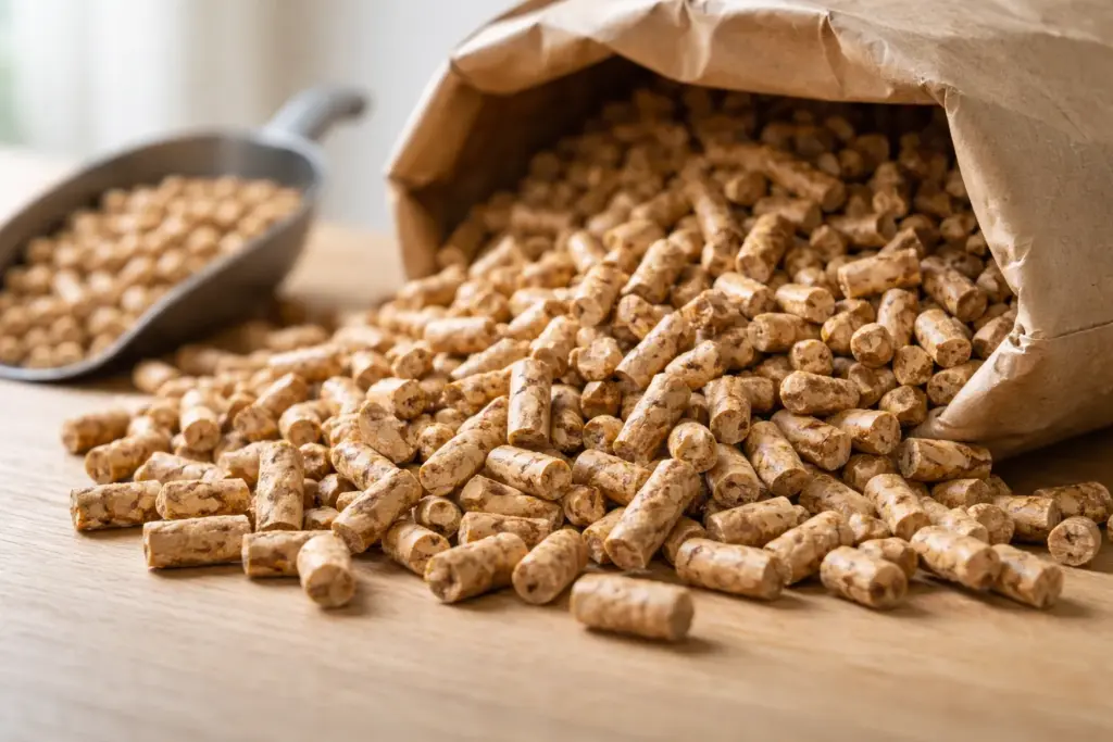 Clean wood pellets spilt from a paper sack, showing the main fuel cost behind running a pellet stove.