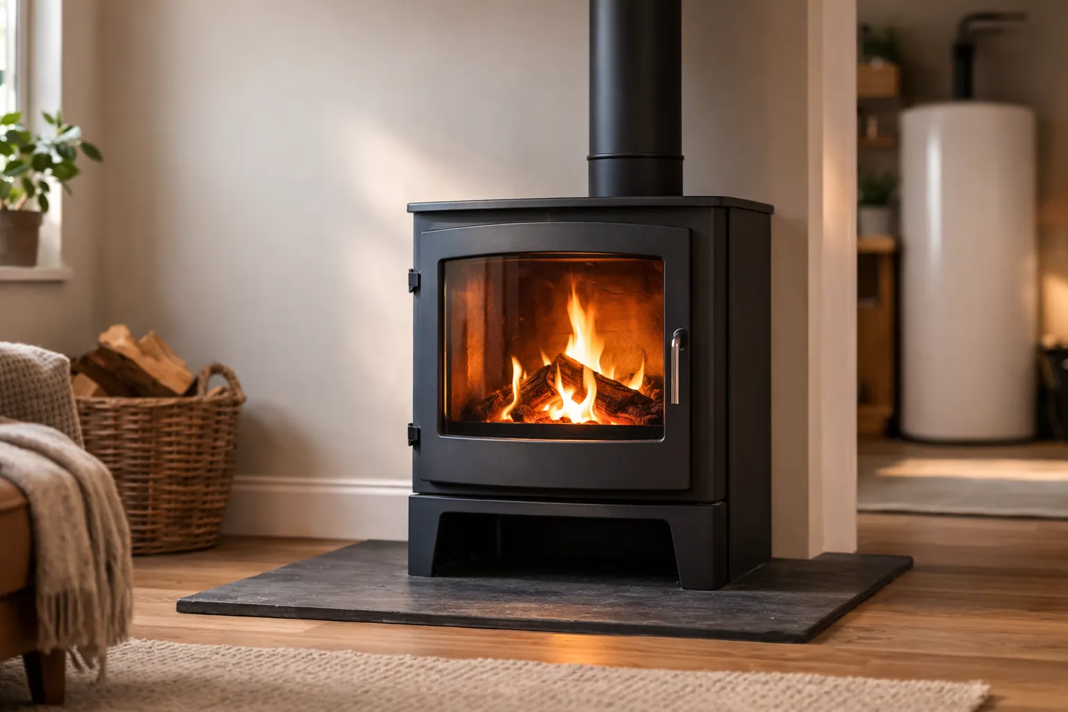 Wood-burning stove with warm flame, illustrating wood burner central heating with hot water storage nearby.