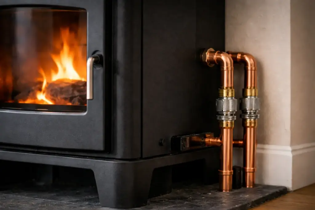 Close-up of tidy copper pipework on a wood-burning stove connected to a water circuit for central heating.