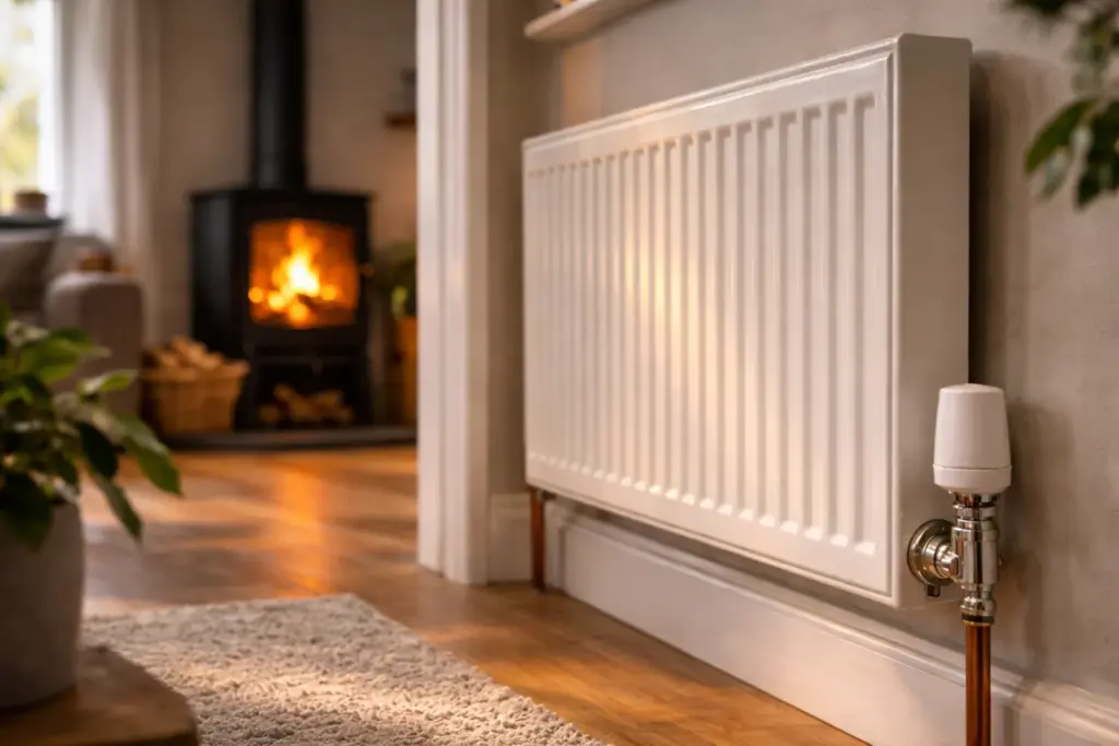 Panel radiator warming in a home with a wood-burning stove glowing in the background, suggesting central heating support.