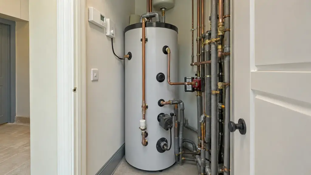 Thermal store and pipework for a back boiler heating system.