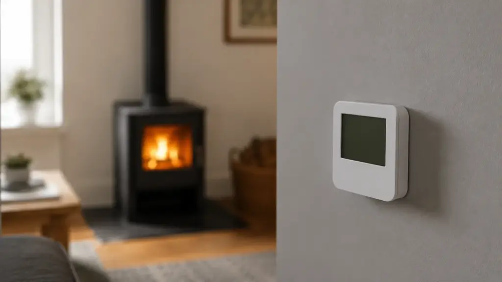 Wall thermostat controlling a wood burner with back boiler heating system.