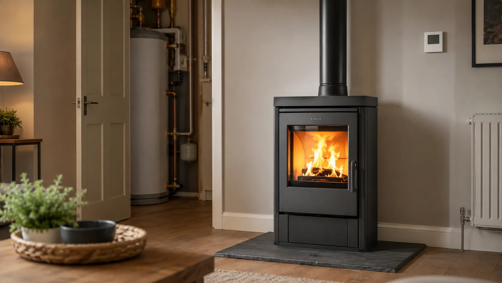 Wood burner with back boiler setup and heating controls in a modern home.